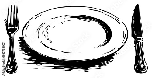 Empty round dinner plate with fork and knife table setting sketch