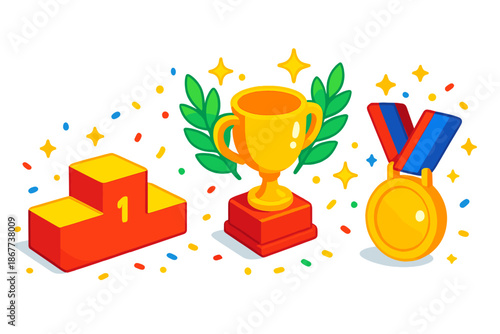 Victory Icons Set. Isometric vector illustration set Victory Point: award podium, trophy cup, glowing laurel leaves, tiny stars,