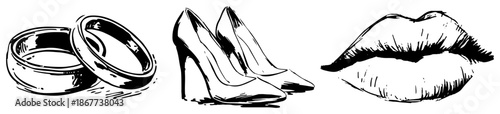 Bridal symbols set with wedding rings high heels and lips sketch
