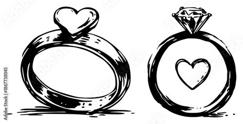 Hand drawn sketch of wedding rings with diamond and heart symbols