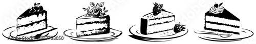 Set of hand drawn sketches of delicious cake slices on plates