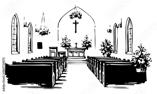 Hand drawn sketch of a beautiful church interior with altar and pews