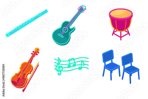 Spectral Orchestra Icons. Isometric vector illustration set Phantom Limb Orchestra: spectral flute, neon guitar, glowing timpani,