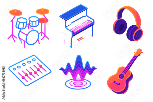 Neon Music Icons. Isometric vector illustration set Sound Chamber: neon drum sets, glowing pianos, floating sound mixers, luminous