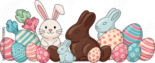 Colorful easter bunnies and decorated eggs on white background