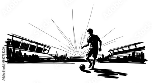 Soccer player silhouette with ball on the field at stadium during sunset sketch