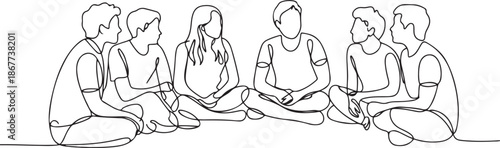 Group of young people sitting on ground together and talking. Friends rest and communicate. one line Art icon drawing
