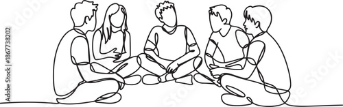 Group of young people sitting on ground together and talking. Friends rest and communicate. one line Art icon drawing