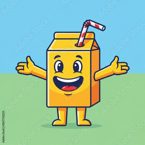 Happy cartoon orange juice box mascot character with open arms and a straw against a bright blue and green background