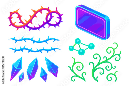 Glowing Bramble Elements. Isometric vector illustration set Bramble Wire Lens: glowing twisted brambles, neon lens panels,
