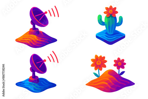 Neon Desert Antennas. Isometric vector illustration set Dune Antenna Bloom: luminous desert antennas, neon dunes, floating