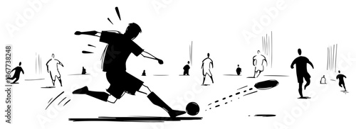 Soccer player kicking the ball during a match in dynamic hand drawn sketch style