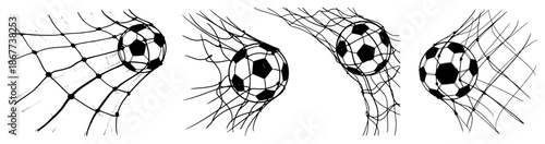 Collection of soccer balls hitting the net representing a goal in sketch style