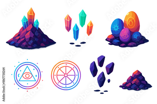 Scree Oracle Beauty. Isometric vector illustration set Talus Scree Oracle: glowing talus slopes, neon floating crystals, luminous