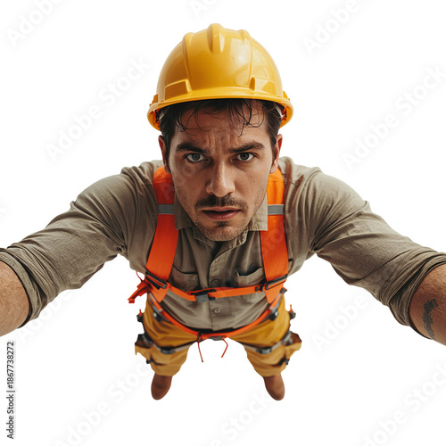 Worker in Safety Gear Looks up While on Duty at a Construction Site in Bright...