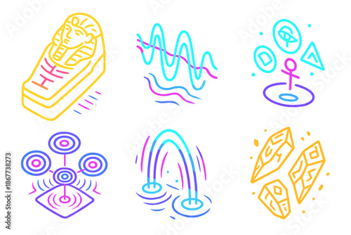 Luminous Sarcophagus Illumination. Isometric vector illustration set Sarcophagus Hum Diagram: luminous ancient coffin, neon