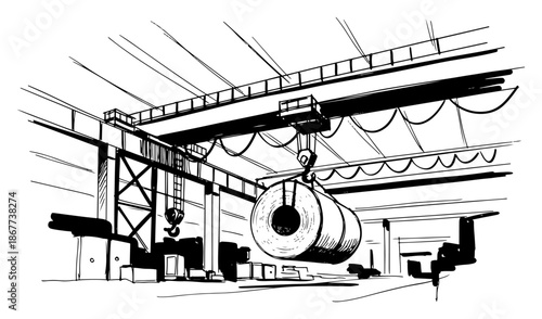 Industrial warehouse interior sketch with overhead crane lifting heavy steel coil