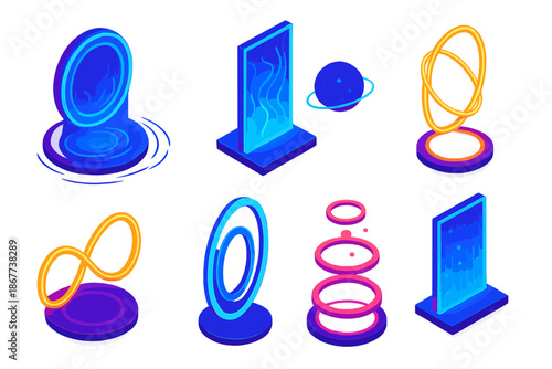 Immersive Portal Nexus. Isometric vector illustration set Immersive Portal Nexus: neon dimensional portals, glowing energy loops,