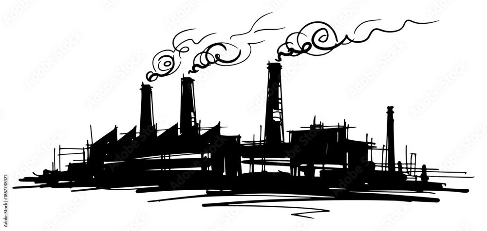 Obraz premium Silhouette of a large industrial plant with chimneys and smoke plumes sketch