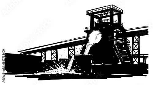 Heavy industry steel mill foundry with molten metal pouring process sketch