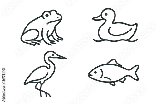 Wetland Creature Icons. Line style icons of Wetland Creatures: pond dweller, soft silhouette, curved leg line, subtle face shape,
