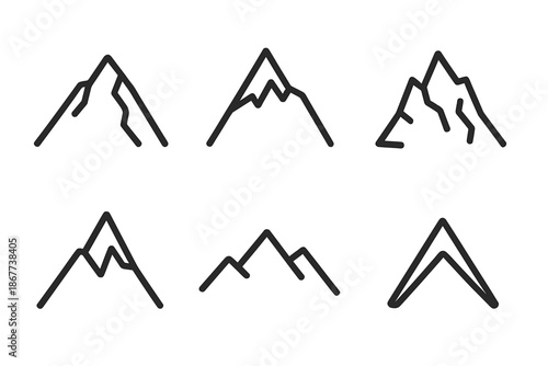 Line Style Peaks. Line style icons of Peak: mountain peak, sharp summit, rocky top, steep rise, ridge silhouette, pointed arc. No