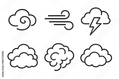 Storm Line Icons. Line style icons of Storm: swirling cloud, heavy gust, lightning arc, rolling mass, turbulent shape, storm