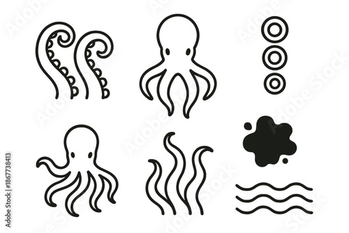 Octopus Line Icons. Line style icons of Octopus: curled tentacles, octopus head, suction cups, flowing arms, small ink shape,