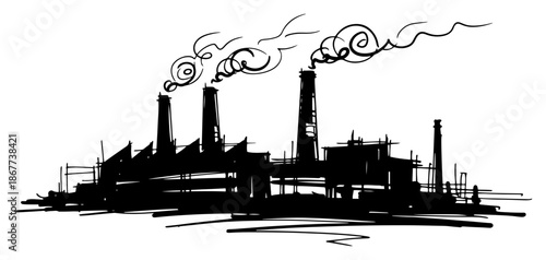 Silhouette of a large industrial plant with chimneys and smoke plumes sketch