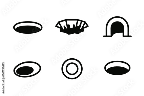 Line Icons of Holes. Line style icons of Hole: round hole, ground opening, tunnel entry, small pit, circular gap, simple opening.