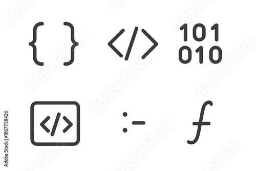 Line Style Code Symbols. Line style icons of Code: curly bracket, angle bracket, binary hint, code block outline, simple syntax