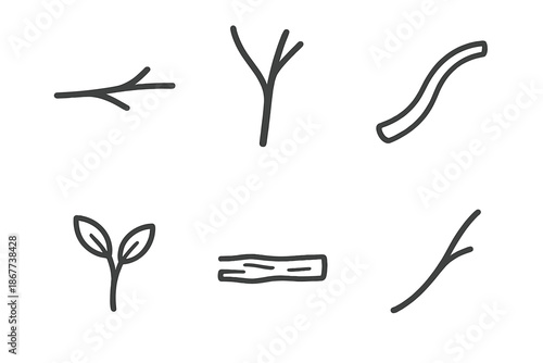 Branch Line Icons. Line style icons of Branch: simple branch, forked twig, curved limb, small sprout, bark line, thin extension.