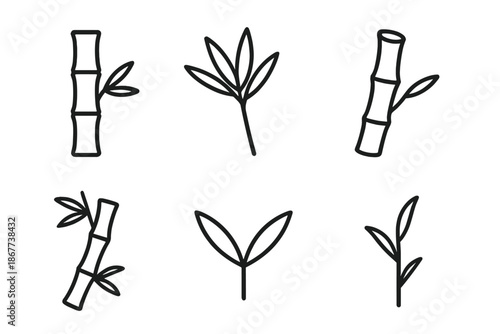 Bamboo Line Icons. Line style icons of Bamboo: bamboo stalk, leaf cluster, segmented stem, bending shoot, twin leaves, simple