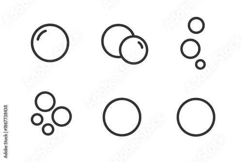 Minimalist Bubble Icons. Line style icons of Bubble: single bubble, bubble pair, rising bubble, small cluster, round outline,