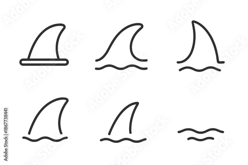 Line Style Fin Icons. Line style icons of Fin: single fin, curved fin, tall dorsal, pointed fin tip, smooth arc, minimal water