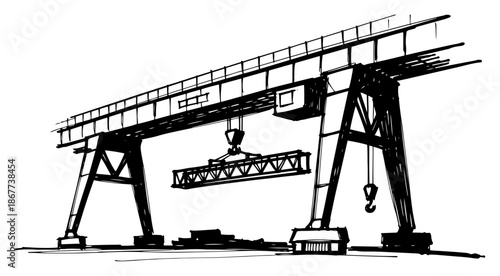 Industrial gantry crane lifting heavy load in hand drawn ink sketch style