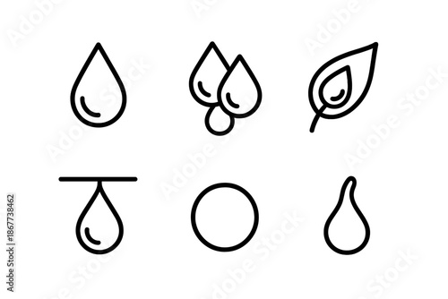 Dew Drop Icons. Line style icons of Dew: single dew drop, clustered dew, leaf dew bead, hanging drop, rounded moisture dot, soft