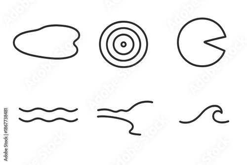 Pond Line Icons. Line style icons of Pond: calm pond, ripple circle, lily pad, soft water line, curved shore, small wave. No text,