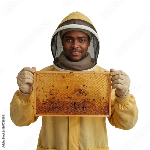 Beekeeper Holds Honeycomb Frame in Beekeeping Suit While Working With Bees in Outdoor Apiary Setting