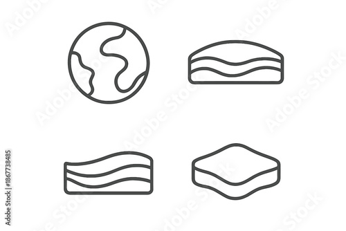 Earth Layers Icons. Line style icons of Earth Layers: gentle strata line, subtle ridge, natural ground arc, small patch form,