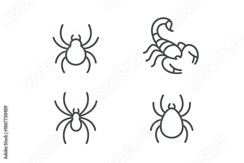 Line Style Arachnids Icons. Line style icons of Arachnids: tiny crawler, curved tail arc, subtle pincer line, segmented outline,
