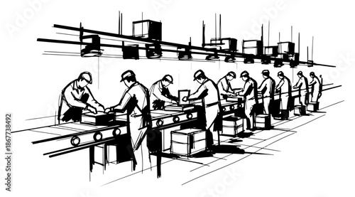 Factory workers on assembly line packaging products in hand drawn sketch style