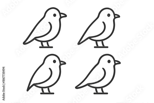Black Bird Icons. Line style icons of Black Birds: soft beak line, subtle wing curve, rounded head, minimal tail, gentle outline,