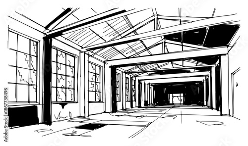 Empty industrial warehouse interior with steel beams in hand drawn sketch style