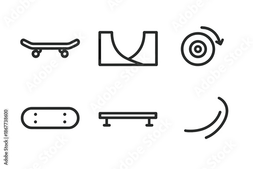 Skateboarding Line Icons. Line style icons of Ramp Skate Ride: board outline, half-pipe arc, spinning wheel, deck line, coping bar
