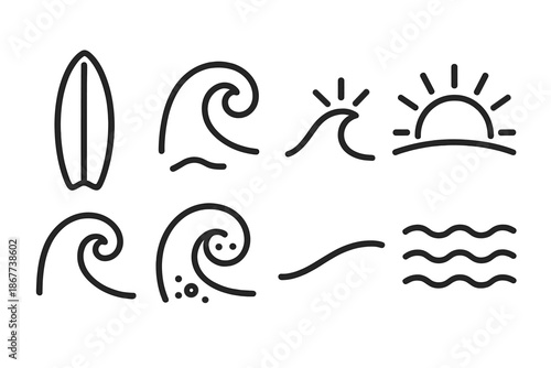 Wave Crest Icons. Line style icons of Wave Crest Sunbeam: surfboard figure, crest curl, sunbeam arc, foam detail, rail stroke, sea