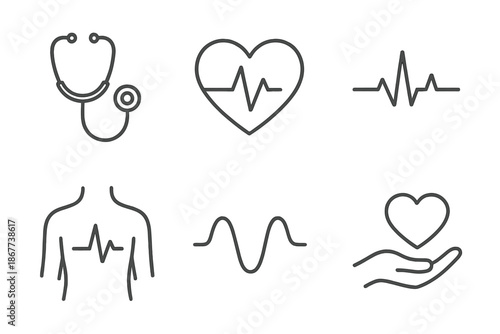 Cardio Pulse Icons. Line style icons of Cardio Pulse Check: scope outline, heart arc, rhythm trace, torso hint, wave motion,