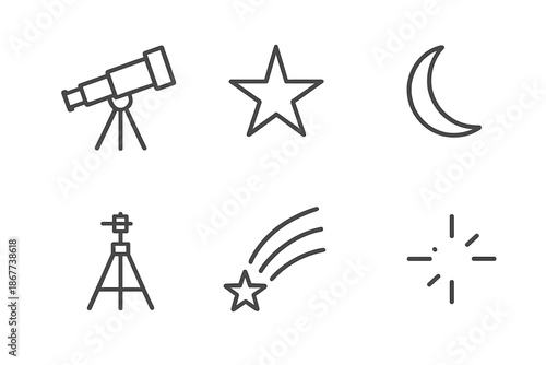 Skywatch Telescope Icons. Line style icons of Skywatch Scope Moment: telescope shape, single star, slim moon, sturdy tripod, sky
