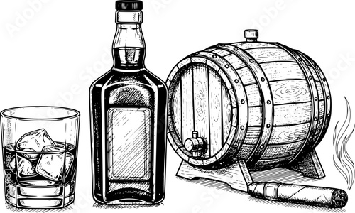 Black and white sketch set of whiskey glasses, bottle, barrel, and cigar
