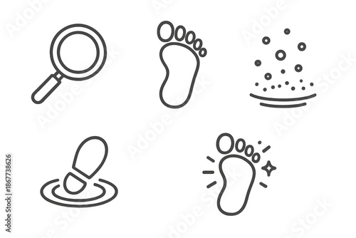 Footprint Detection Icons. Line style icons of Foottrack Lens Find: magnifier shape, deep print, dust scatter, ground ripple, clue